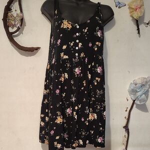 Forever 21 Black Floral Slip Dress with Pink and Yellow Accents Vibrant Colors